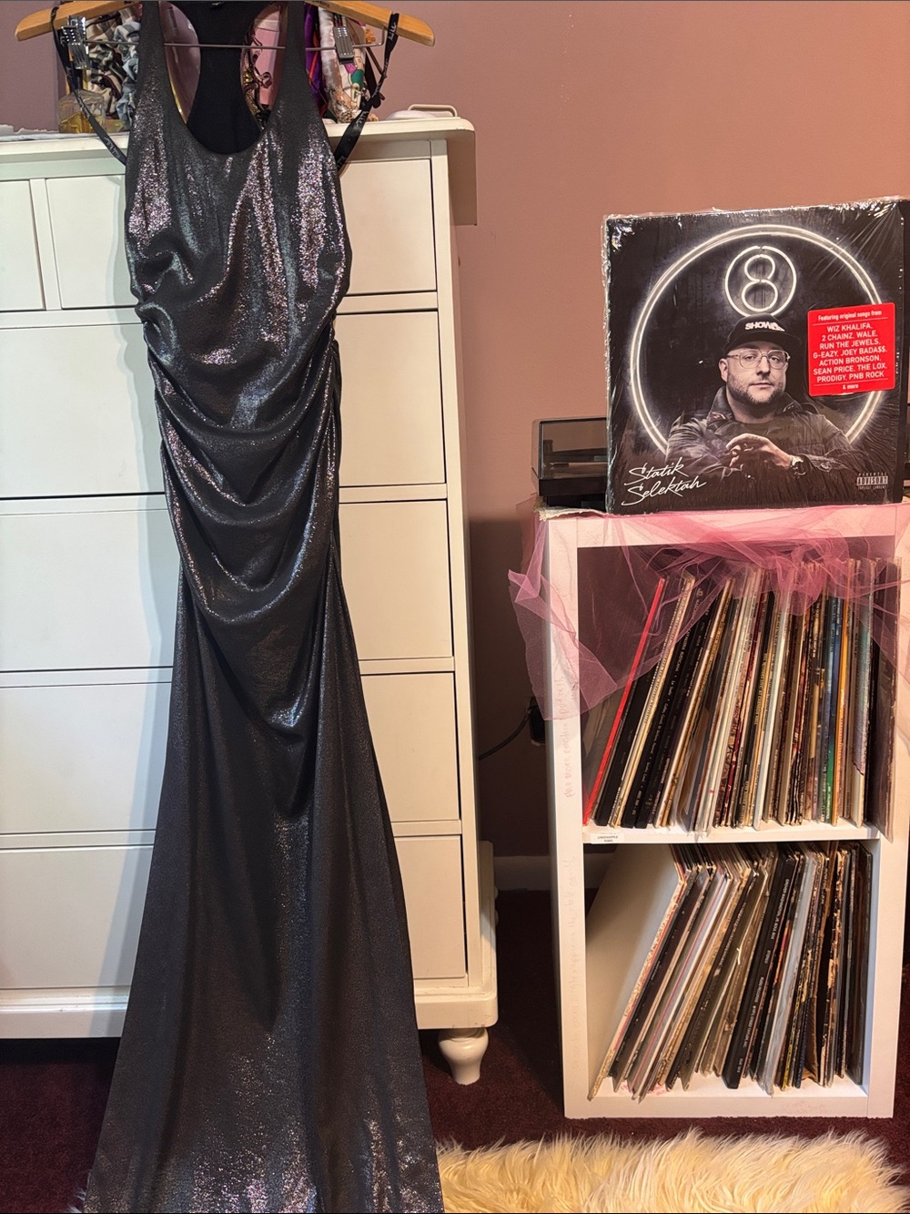 Vintage 90s Nicole Miller Gunmetal Gray Gown Y2K Maxi Designer Sexy Formal Party
